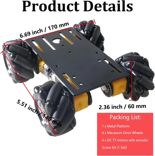 Miniatura 2 de MC100 4WD Mecanum Wheel Chasis de coche con motor TT, kit de coche inteligente de control remoto con rueda omnidireccional de 2.362 in para Negro