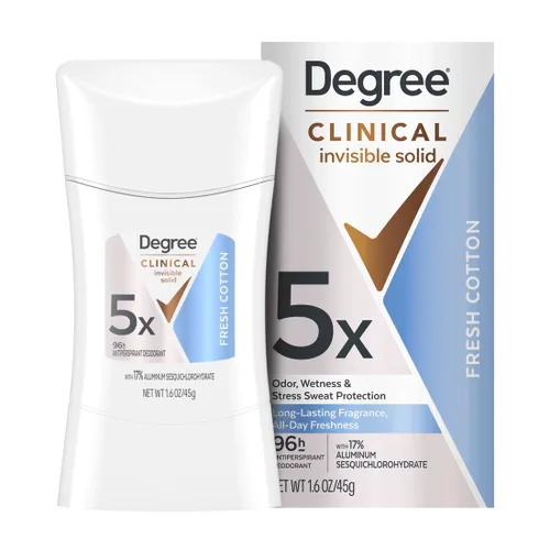 Degree Clinical Strength Desodorante antitranspirante 96 horas de protección contra el sudor y el olor, algodón fresco, invisible, sólido, 5 tipos