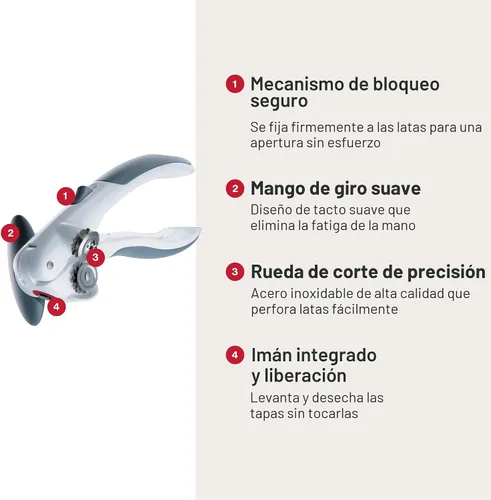 Miniatura 4 de Zyliss Lock N' Lift - Abridor de latas con imán elevador de tapa - Abridor manual con mecanismo de bloqueo - Fácil de girar - Abridor de latas Gris