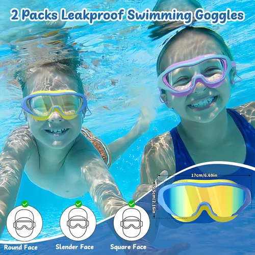 Miniatura 6 de Gafas de natación anti niebla UV para niños de 6 a 14 años, paquete de 2 gafas de natación para niños con tapones para los oídos adjuntos