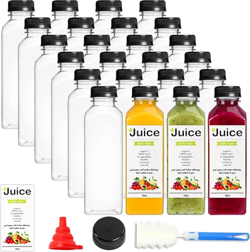 DEPEPE Paquete de 24 botellas de plástico para jugo de 16 onzas con tapas, recipientes reutilizables y para sacar jugo con tapas, recipientes