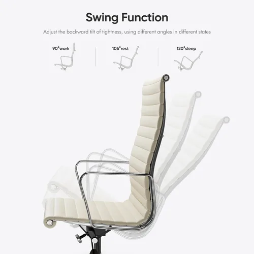 Miniatura 5 de Silla de oficina acanalada con cuero de grano superior, silla de escritorio ergonómica con respaldo alto con brazos y marco de aluminio, ruedas
