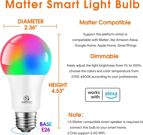 Miniatura 2 de Las bombillas energéticas funcionan con Alexa/Apple Home/Google Home/SmartThings, Matter Smart A19, bombillas inteligentes E26 RGB, equivalente a 60