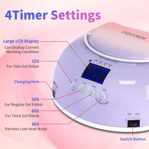 Miniatura 6 de Lámpara de uñas LED UV recargable profesional, luz UV inalámbrica de 96 W para uñas de gel con reflector metálico y base de metal, lámpara de secado