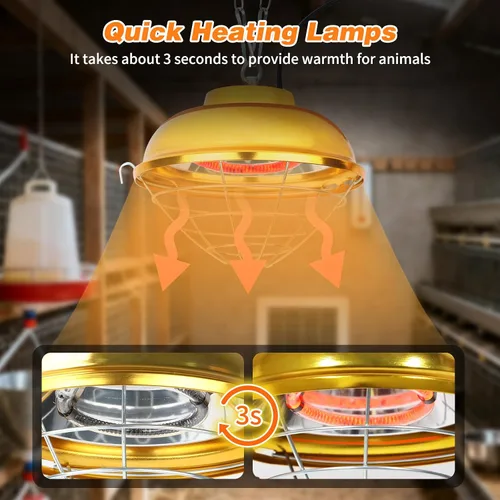 Miniatura 5 de Lámpara calefactora de gallinero de 300 W, lámpara de calor impermeable para pollos con 2 etapas, calentador para pollitos con cadena