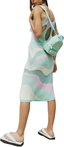 Miniatura 2 de FOMOYUU Vestido halter de punto para mujer, sin mangas, estampado geométrico, cuello en U, espalda descubierta, atar y ajustar, ajustado