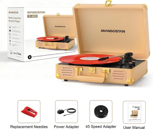 Miniatura 12 de Tocadiscos Bluetooth vintage, tocadiscos portátil de 3 velocidades con altavoces estéreo de graves integrados, fonógrafo de vinilo accionado por