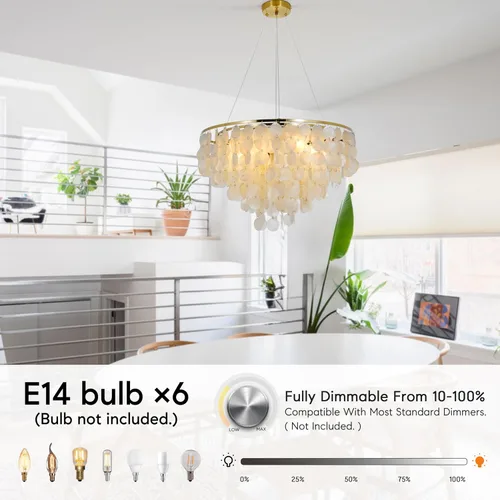 Miniatura 3 de Candelabro Capiz Shell de 24 pulgadas, 6 lámparas doradas claras para comedor, modernos candelabros costeros para dormitorio, baño, cocina