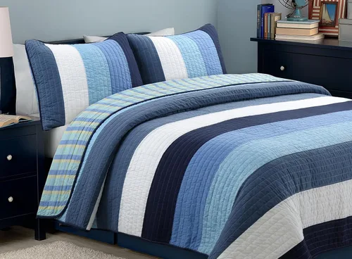 Cozy Line Home Fashions Juego de ropa de cama acolchada reversible para niño de 100% algodón a rayas azul marino, colcha cubrecama para todas las