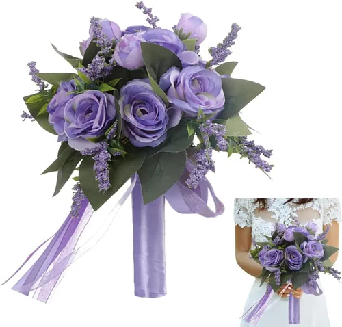 Miniatura 10 de EUBUY Ramos de boda para dama de honor, rosas artificiales blancas de 10.2 pulgadas, juego de ramos de seda de la serie Forest con lazo de cinta