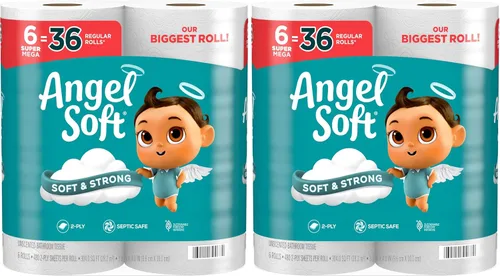 Angel Soft Papel higiénico, 6 rollos súper mega = 36 rollos regulares, papel higiénico suave y fuerte (paquete de 12)