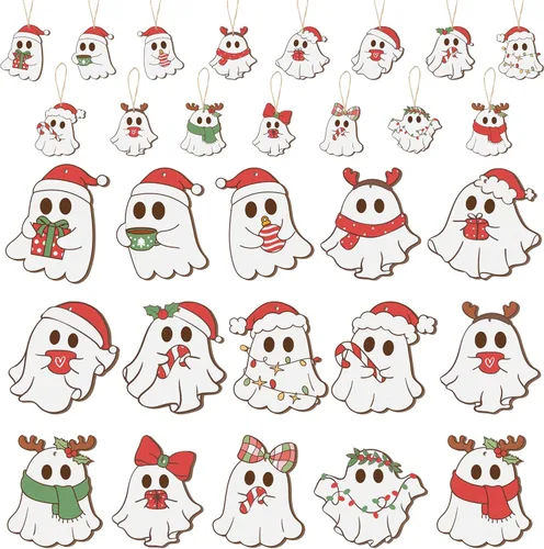 Haooryx Adornos de madera de fantasmas de Navidad - 45 piezas de lindos y espeluznantes colgantes de fantasmas de madera, etiquetas de regalo, arte,