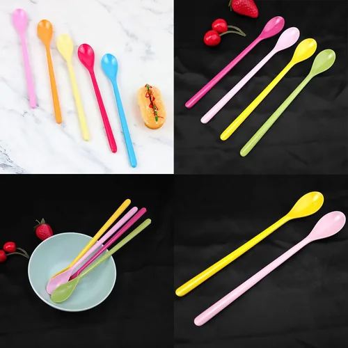 Miniatura 8 de Juego de 8 cucharas mezcladoras largas de melamina, cuchara de café con leche colorida, cuchara de helado de postre, cucharas de cóctel para postre