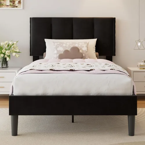 Miniatura 18 de VECELO - Base de cama tamaño individual con cabecera tapizada, plataforma con soporte de listones de madera de alta resistencia, no necesita somier
