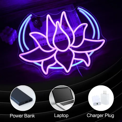 Miniatura 3 de Letrero de neón con diseño de flor de loto y luna, regulable, luz de neón azul para decoración de pared, alimentación USB, loto morado, letrero
