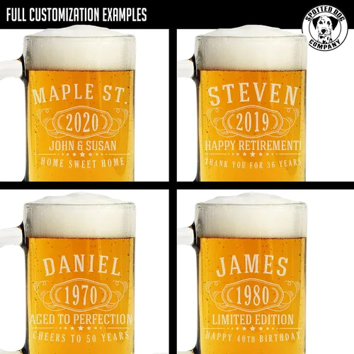 Miniatura 7 de Taza de cerveza de vidrio grabada personalizada de 16 onzas, taza de cerveza personalizada para hombres, regalos de cumpleaños 40 para hermano, taza