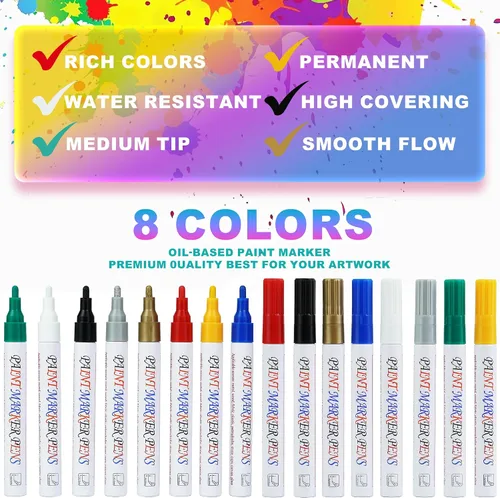 Miniatura 9 de Rotuladores de pintura a base de aceite de 8 colores, bolígrafos de pintura permanentes impermeables para pintura roca, vidrio, metal, madera