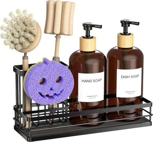 Miniatura 16 de Moforoco Juego de dispensador de jabón para platos de cocina, botella de vidrio de 16 onzas, dispensador de jabón para manos y platos, bandeja