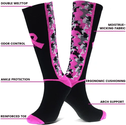 Miniatura 9 de Juego de calcetines de concientización sobre el cáncer de mama con accesorios de cinta rosa, calcetines de fútbol con cinta rosa de camuflaje grueso
