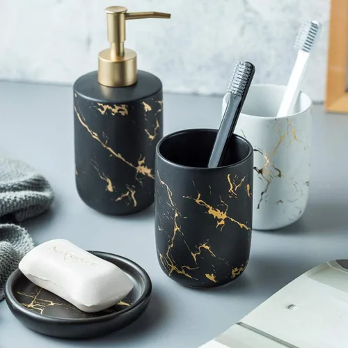 Miniatura 5 de Juego de accesorios de baño, 4 piezas/juego de accesorios de baño de cerámica de lujo, dispensador de jabón/loción, vaso de baño, jabonera