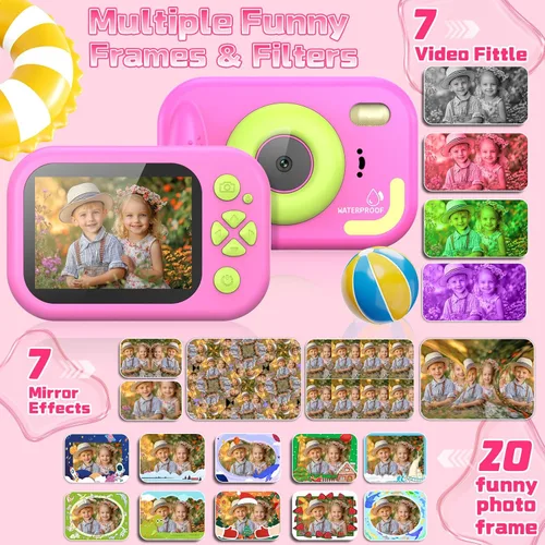 Miniatura 4 de Cámara para niños impermeable, cámara submarina IP68 para niños de 3 a 12 años, cámara digital HD para niños con grabación de video de 1080P, Rosa