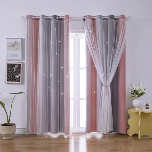 Miniatura 7 de Cortinas Opacas de Arcoíris Ombré para Dormitorio de Niñas, Sala de Estar, Rayas Oscurecedoras de Doble Capa con Cortes de Estrellas, Decoración