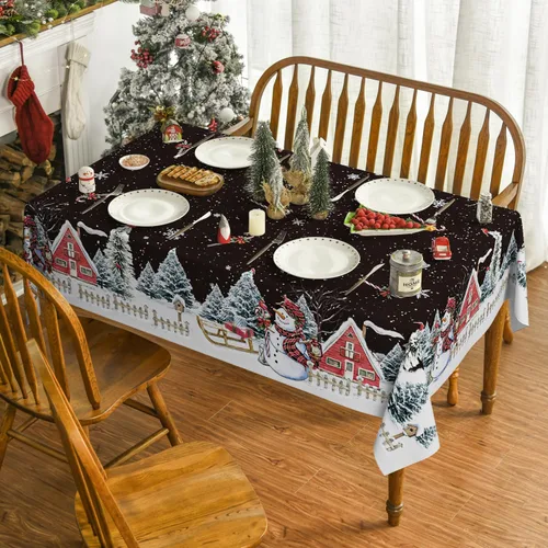 Miniatura 2 de Horaldaily Mantel de Navidad rectangular de 52 x 70 pulgadas, casa de muñeco de nieve de invierno, árboles de Navidad, color negro, lavable