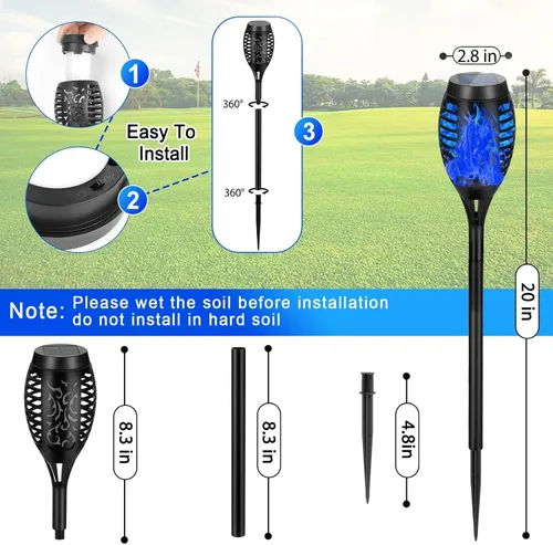 Miniatura 5 de Paquete de 4 antorchas solares impermeables para exteriores, llama parpadeante azul, luces solares de jardín para patio, antorchas Tiki