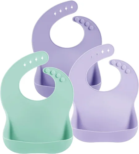 Miniatura 8 de PandaEar Paquete de 3 baberos de silicona para niños y niñas para bebés y niños pequeños, babero de alimentación impermeable con recogedor de Azul