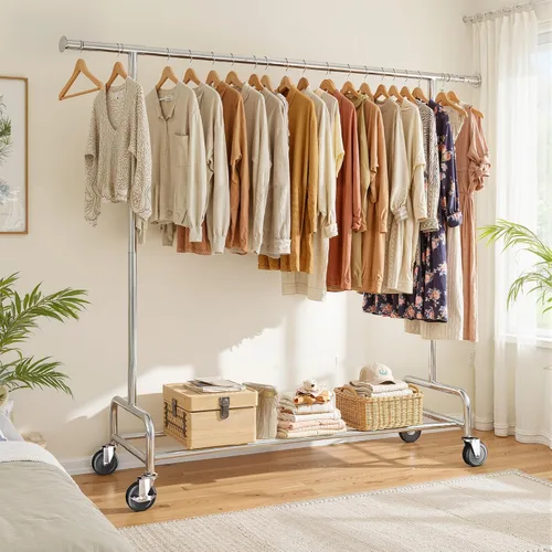 Miniatura 2 de Raybee Perchero de ropa de 76 pulgadas de ancho, resistente con carga de 450 libras, ruedas bloqueables y altura ajustable, perchero para Plata