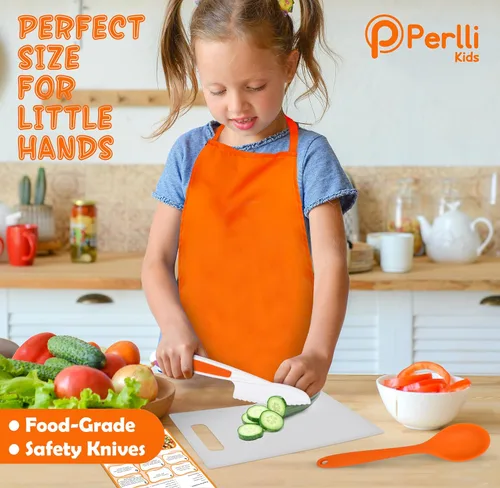 Miniatura 3 de PERLLI Juego de cocina real para niños para cocinar y hornear, 31 piezas. Regalo para chef junior con utensilios reales, estuche y juego de Naranja