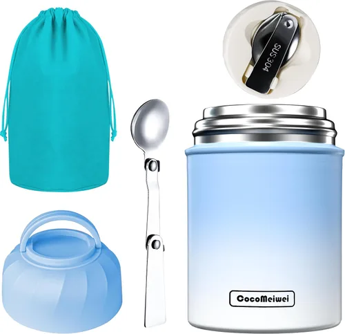 Miniatura 8 de Termo para alimentos y bebidas calientes, lonchera térmica, contenedor de alimentos aislado al vacío de 17 onzas con cuchara y bolsa con cordón