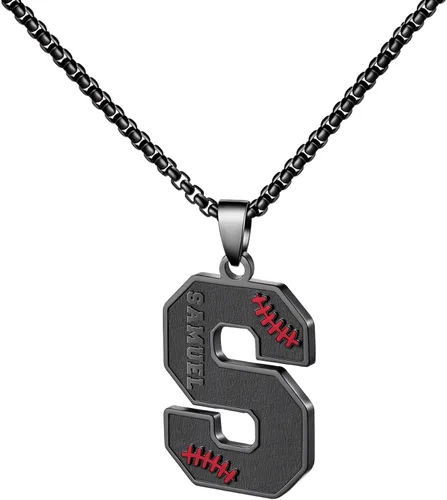 Miniatura 23 de Ldurian Collar personalizado con nombre de béisbol, cadena negra de acero inoxidable, collar con nombre deportivo, letra A-Z de 24 pulgadas, regalos