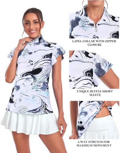 Miniatura 4 de Tanst Sky Polo de golf para mujer, con cremallera de 14, volantes, manga corta, secado rápido, para entrenamiento
