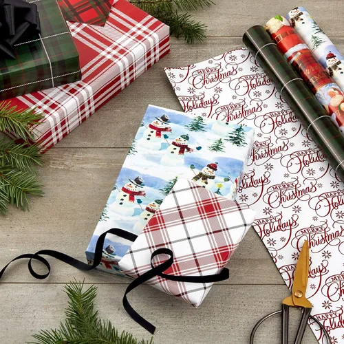 Miniatura 2 de Hallmark Papel de regalo de Navidad reversible (3 rollos: 120 pies cuadrados ttl) Papá Noel vintage, muñecos de nieve, cuadros tradicionales verdes
