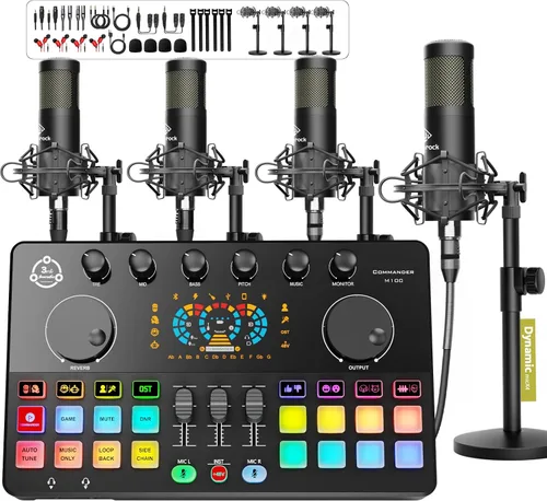 Miniatura 9 de Paquete de equipo de podcast para 2, mezclador de DJ de interfaz de audio con micrófono condensador XLR de 48 V, RGB, cambio de voz, para HS-M100-2X