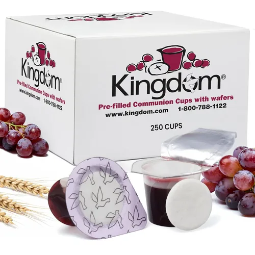 Kingdom Taza de comunión precargada con obleas (jugo rojo de 250 quilates) sellada en un recipiente de una sola porción con hasta 1 año de vida