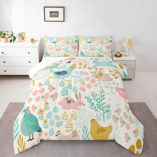 Juego de edredón de pollo tamaño individual, juego de ropa de cama de conejo azul y rosa, caricatura Kawaii de animales salvajes, edredón amarillo