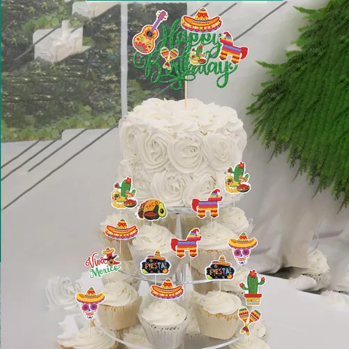 Miniatura 7 de Paquete de 41 decoraciones para tartas de cumpleaños con guitarra, cactus y burro, palillos de pimienta para fiesta mexicana, temática de baby