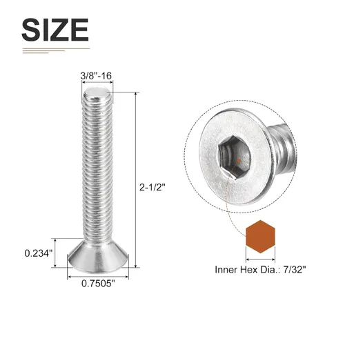Miniatura 2 de DTGN Tornillos de cabeza plana de 3/8-16 x 2-1/2", paquete de 20 tornillos de cabeza plana de acero inoxidable 304, rosca completa, pernos