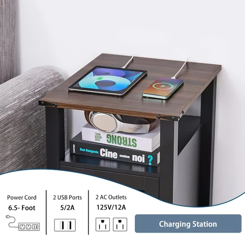 Miniatura 3 de Mesa auxiliar con estación de carga, mesita de noche de granja para sala de estar, mesita de noche negra para muebles de dormitorio, armario