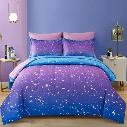 Drucon - Juego de edredón para niñas, tamaño Queen, 7 piezas en una bolsa, juego de ropa de cama ombre azul púrpura arcoíris para niñas y mujeres (1