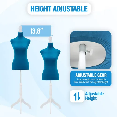 Miniatura 2 de FDW Maniquí femenino con forma de vestido de cuerpo, maniquí de costura, maniquí de torso con base de trípode, maniquí ajustable para coser ropa Azul