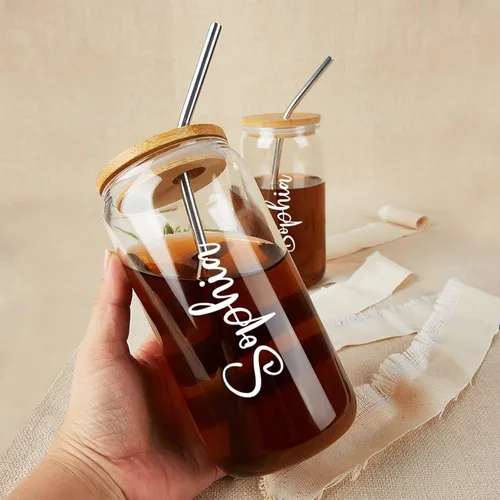 Miniatura 5 de Vaso de vidrio personalizado con popote y pajita, taza de café helado con nombre, regalo de fiesta nupcial, lata de vidrio personalizada de 16
