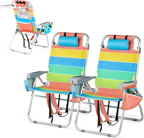 Miniatura 18 de VINGLI Silla de Playa Alta Paquete de 2 Ligera, Silla de Playa Tipo Mochila para Adultos con 5 Posiciones, Bolsa Refrigeradora, Portavasos, Barra