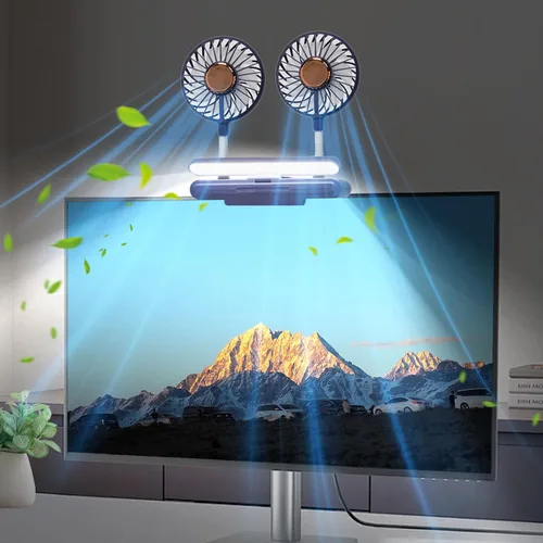 Miniatura 8 de Ventilador de monitor con 2 cabezales giratorios, 3 velocidades, abrazadera resistente, ventilador de refrigeración alimentado por USB para Blanco