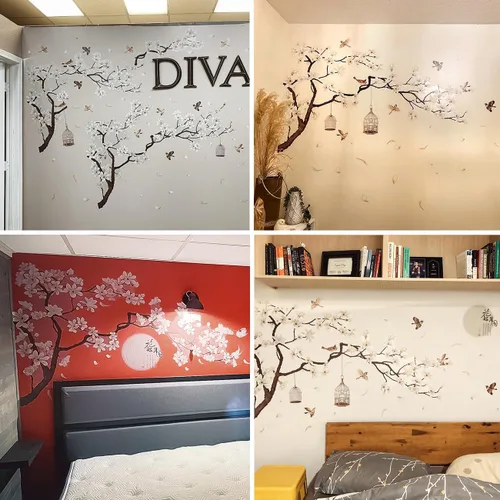 Miniatura 3 de Calcomanías de pared de estilo chino, árbol negro y pájaros voladores, removibles, decoración de pared, murales para niños, guardería, oficina