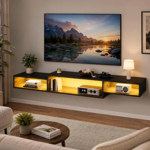 Miniatura 10 de 4 EVER WINNER Soporte flotante para TV con toma de corriente, estante flotante de TV de 59 pulgadas con luces LED y almacenamiento, centro