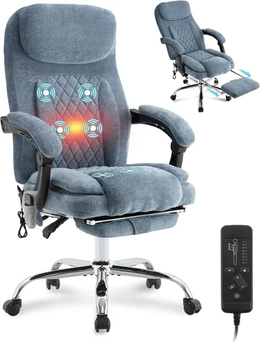 Miniatura 14 de Silla de oficina de masaje de 6 puntos con silla de oficina térmica y ergonómica con reposapiés y respaldo alto reclinable de 45°, silla de oficina