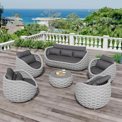 Miniatura 10 de Juego de muebles de patio de 4 piezas ensamblado, conjunto de sofá de conversación para exteriores de cuerda tejida a mano - Sofá de aluminio Cuerda